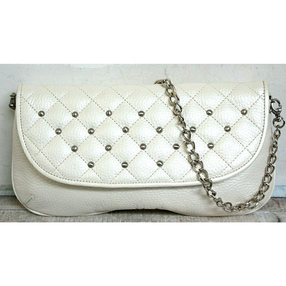 Arrow QUILTED STUDS PEARL IVORY GENUINE LEATHER FLAP SHOULDER BAG PURSE CLUTCH